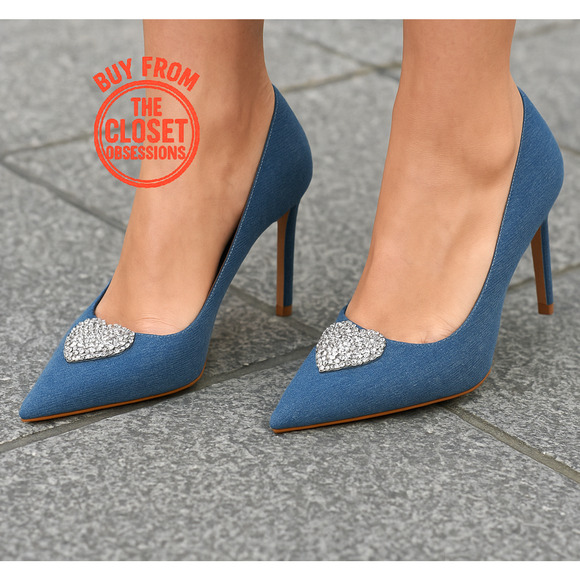MANGO Embellished Heels NWT | Denim Point Toe w/ Rhinestone Heart - Picture 3 of 16